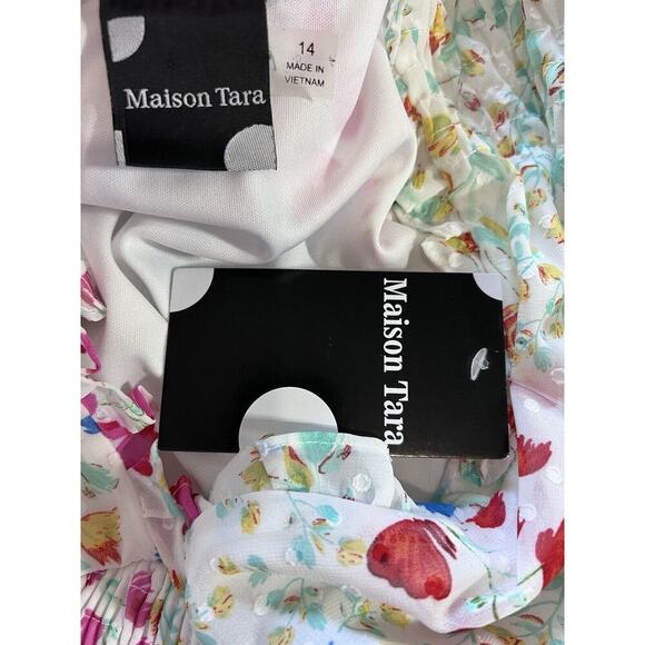 Maison Tara Floral Chiffon Clip Dot V Neck Smocked Midi Dress plus Size 14 - Picture 9 of 9